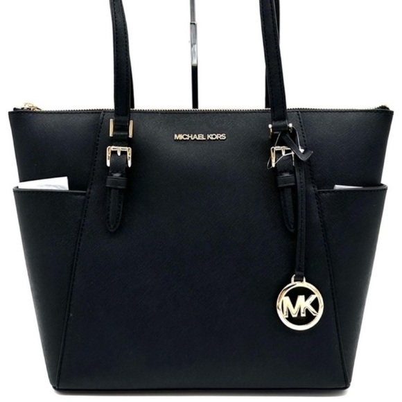 Michael Kors Large Charlotte Tote Bag Leather Black/Gold (NWT) - Picture 1 of 12
